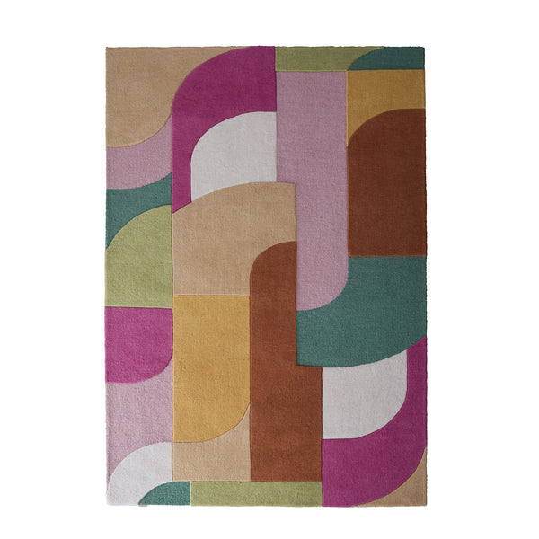 Retro deco - 100% wool cut loop pile, hand-tufted rug in pink with a sculptured 3D geometric pattern.