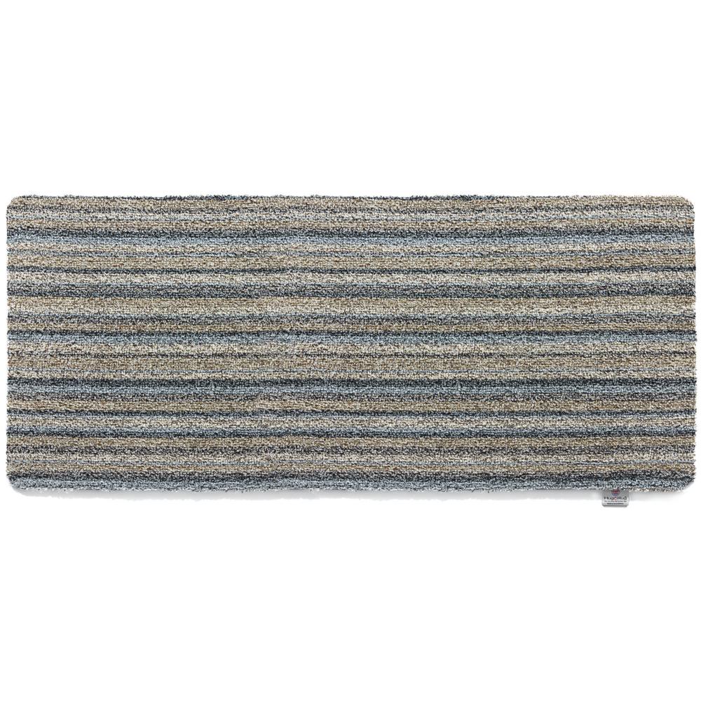 Ribbon Grey Striped Washable Runner- a 100% recycled material runner featuring a subtle striped pattern in shades of beige, light brown, and blue.