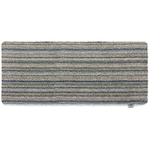 Ribbon Grey Striped Washable Runner- a 100% recycled material runner featuring a subtle striped pattern in shades of beige, light brown, and blue.