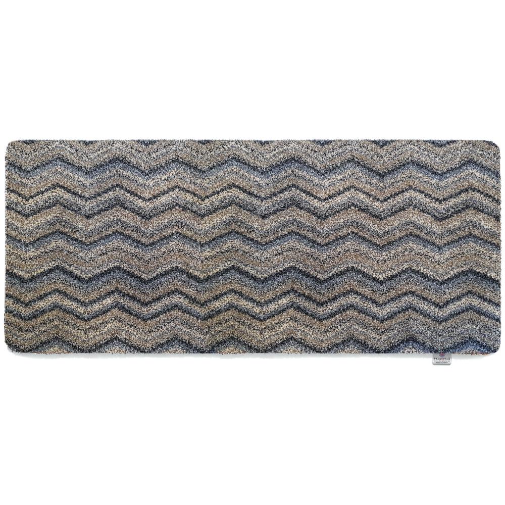 Ribbon Grey Zig Zag Washable Runner- a 100% recycled material runner featuring a subtle zig-zag pattern in shades of navy, blue, white, and beige.