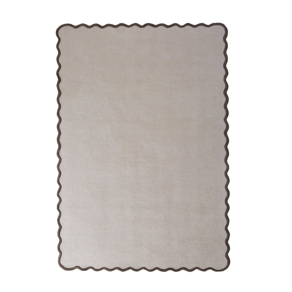 Scalloped Elise Rug in Natural and Brown- a 100% wool cut, loop pile rug with a wavy  border.