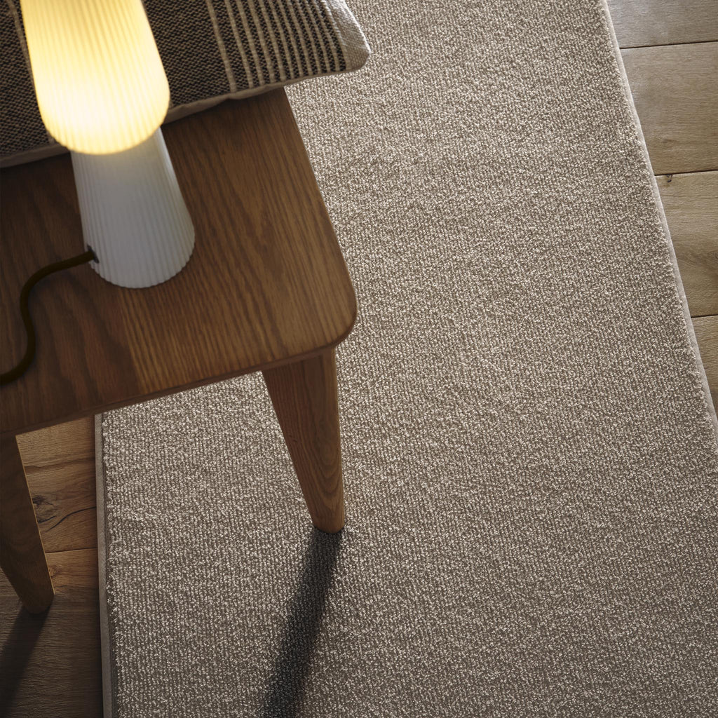 Sense Beige Washable Rug Runner- a 100% recycled polyester rug runner in a solid beige colour.