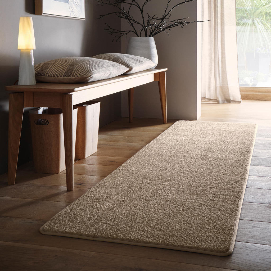 Sense Beige Washable Rug Runner- a 100% recycled polyester rug runner in a solid beige colour.