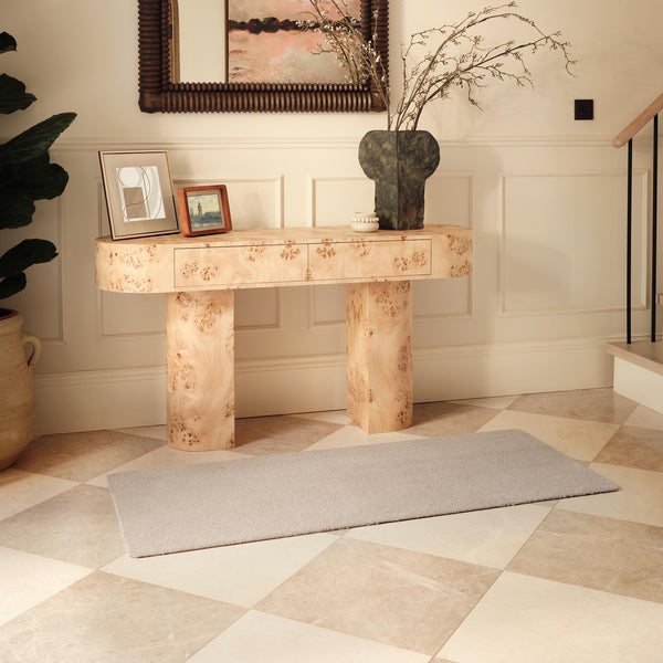 Sense Beige Washable Runner- a 100% recycled polyester runner in a light brown.