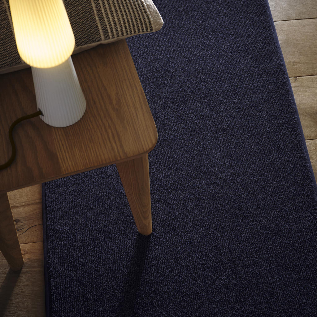 Sense French Navy Washable Rug Runner- a 100% recycled polyester rug runner.