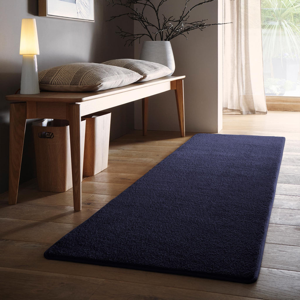 Sense French Navy Washable Rug Runner- a 100% recycled polyester rug runner.