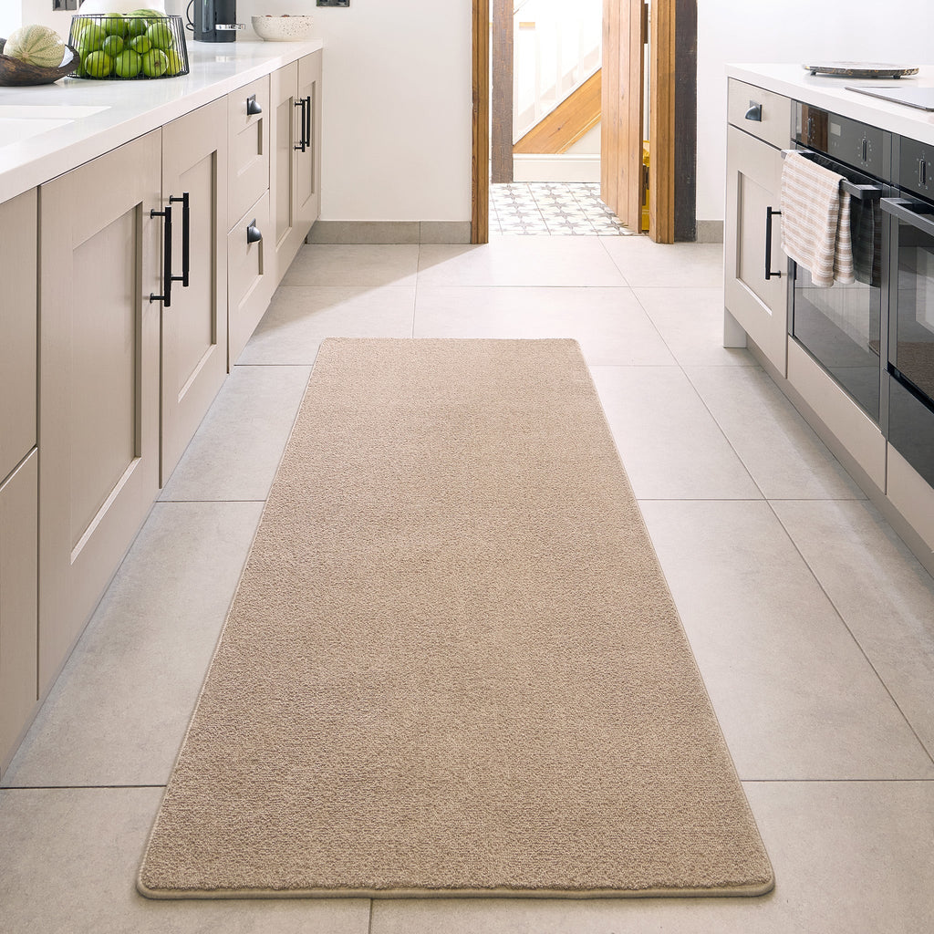 Sense Beige Washable Rug Runner- a 100% recycled polyester rug runner in a solid beige colour.