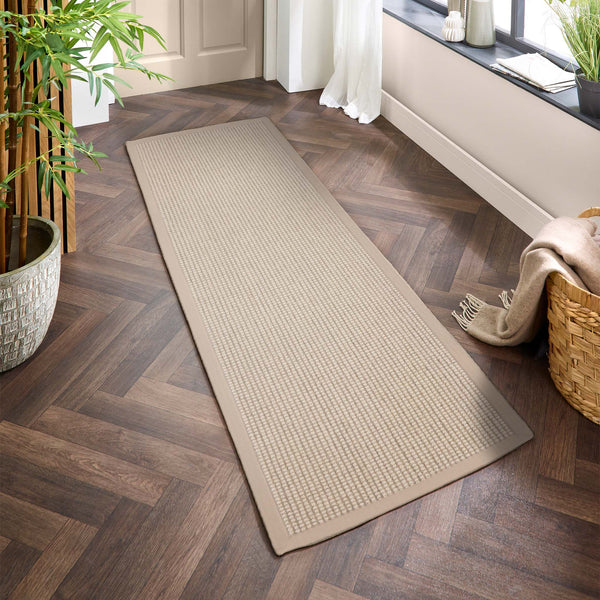 Sisal Boucle Beige Runner- a jute wool blend runner with a beige border.
