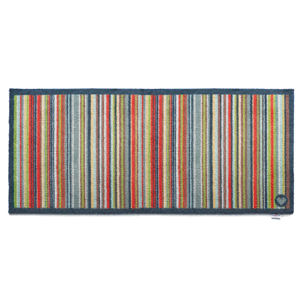 Stripe 32 Multi Washable Runner- a 100% recycled cotton runner featuring vertical stripes in light green, white, blue, navy, red, grey, and cream.