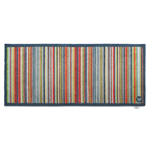 Stripe 32 Multi Washable Runner- a 100% recycled cotton runner featuring vertical stripes in light green, white, blue, navy, red, grey, and cream.