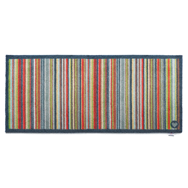 Stripe 32 Multi Washable Runner- a 100% recycled cotton runner featuring vertical stripes in light green, white, blue, navy, red, grey, and cream.
