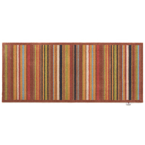 Stripe 70 Red/Blue Washable Runner- a 100% recycled cotton runner featuring vertical stripes in brown, green, red, orange, charcoal, and white.