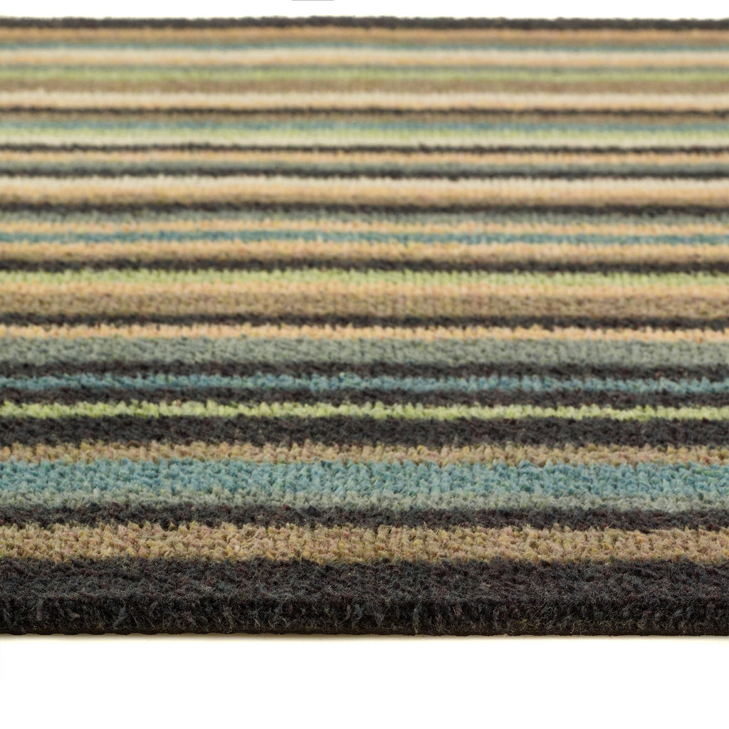 Stripe 84 Blue\Green Washable Runner- a 100% recycled cotton runner featuring horizontal stripes in navy, beige, green, and light blue.