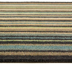 Stripe 84 Blue\Green Washable Runner- a 100% recycled cotton runner featuring horizontal stripes in navy, beige, green, and light blue.