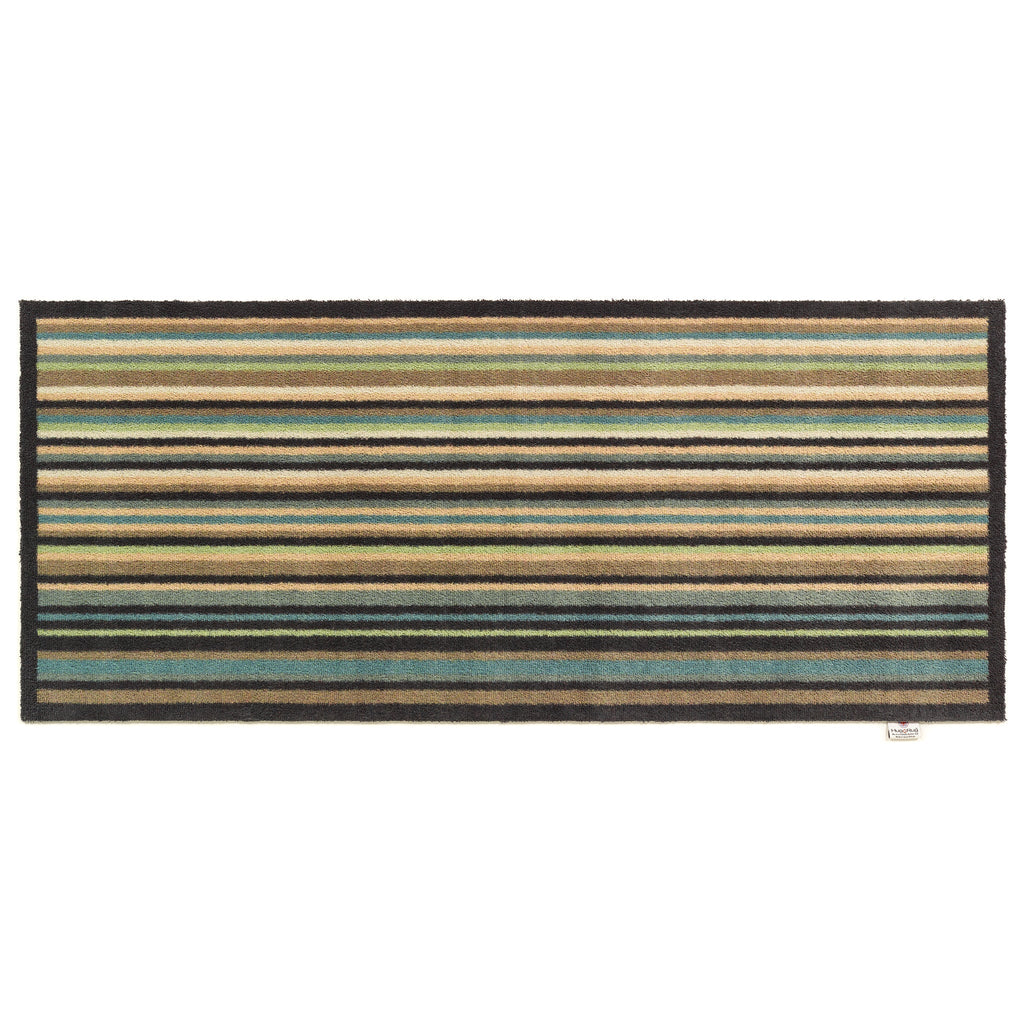 Stripe 84 Blue\Green Washable Runner- a 100% recycled cotton runner featuring horizontal stripes in navy, beige, green, and light blue.