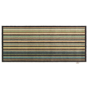 Stripe 84 Blue\Green Washable Runner- a 100% recycled cotton runner featuring horizontal stripes in navy, beige, green, and light blue.