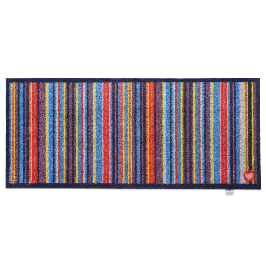 Stripe 85 Multi Washable Runner- a 100% recycled cotton runner featuring vertical stripes in yellow, blue, pink, red, purple, and navy.
