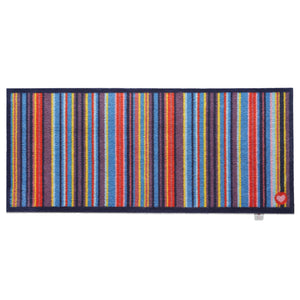 Stripe 85 Multi Washable Runner- a 100% recycled cotton runner featuring vertical stripes in yellow, blue, pink, red, purple, and navy.