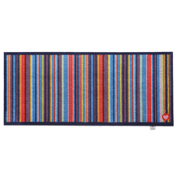 Stripe 85 Multi Washable Runner- a 100% recycled cotton runner featuring vertical stripes in yellow, blue, pink, red, purple, and navy.