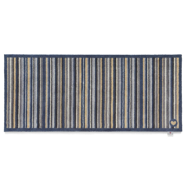 Stripe 88 Washable Runner- a 100% recycled cotton runner featuring an array of stripes in different shades of blue, grey, and beige.