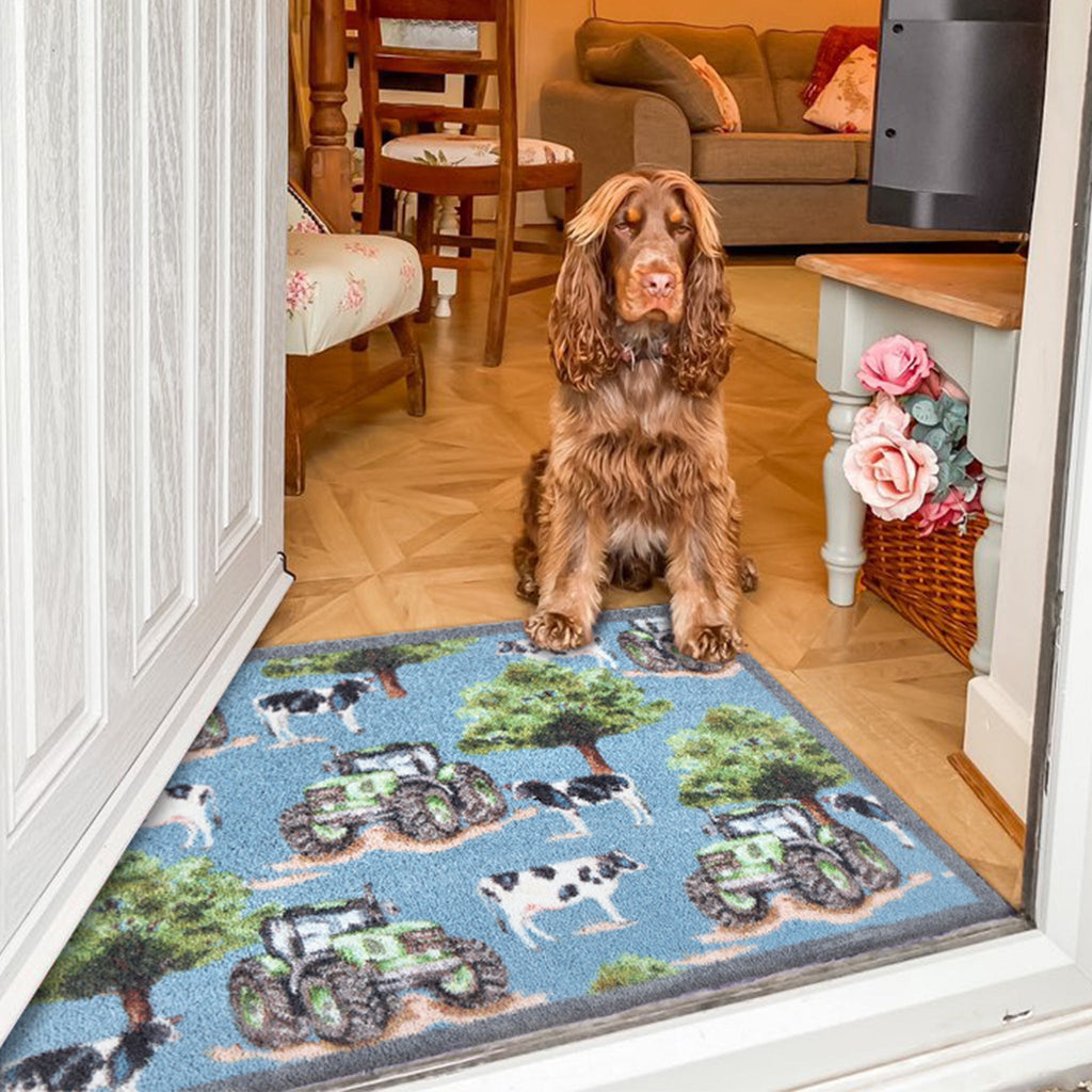 Farmyard Tractors & Cows Blue Doormat 2