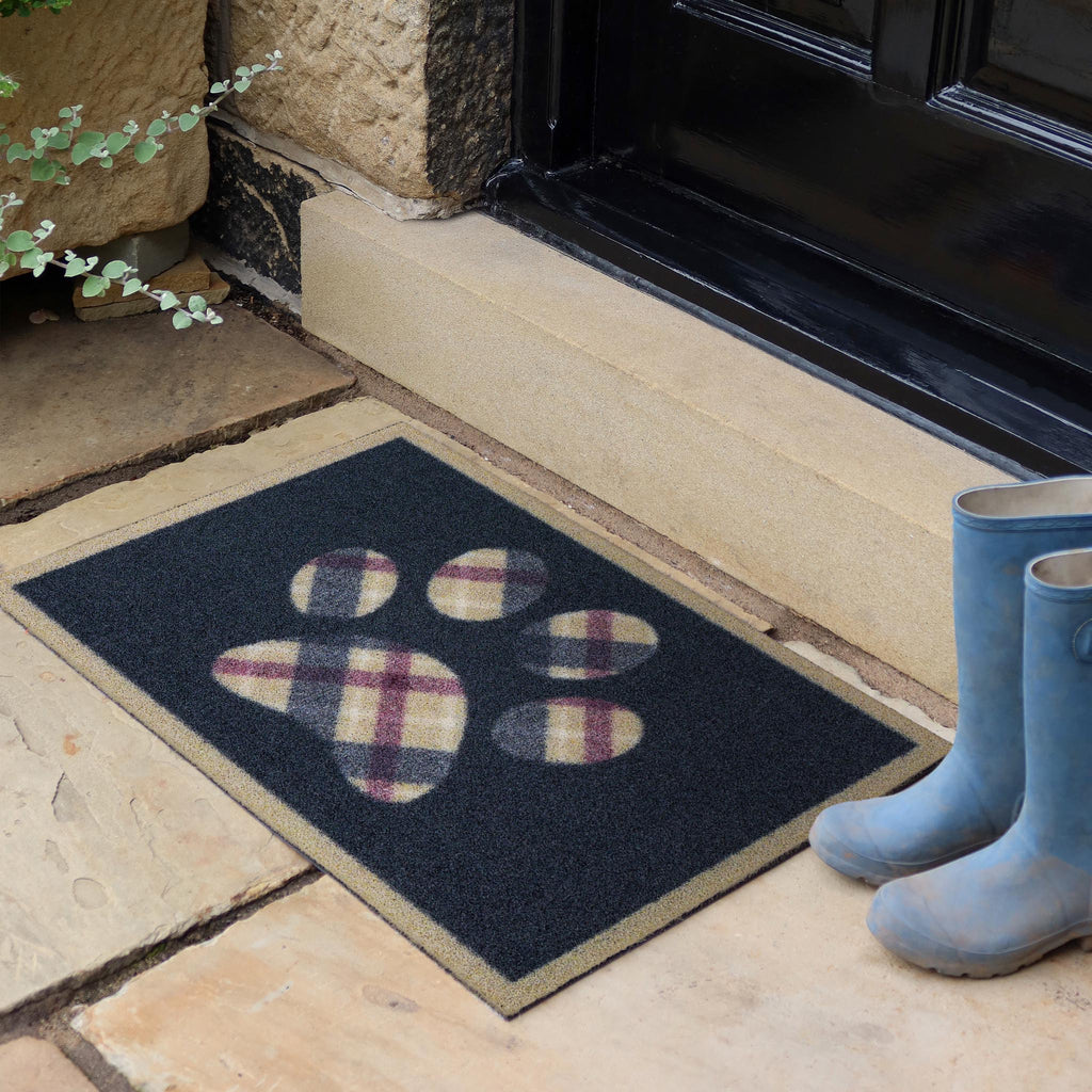 Tartan Paw Outdoor Doormat- 100% recycled nylon doormat featuring a tartan paw print.