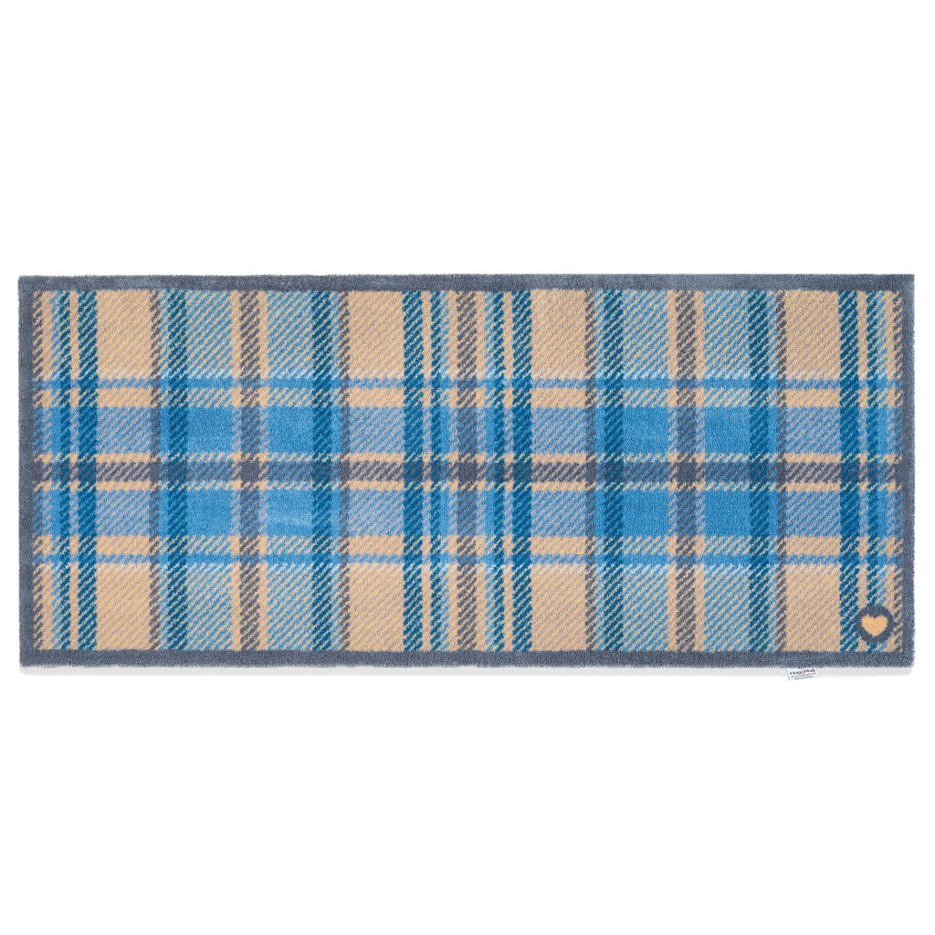 Tartan Blue Washable Runner- 100% recycled cotton runner in a traditional tartan design in shades of blue with beige and grey.