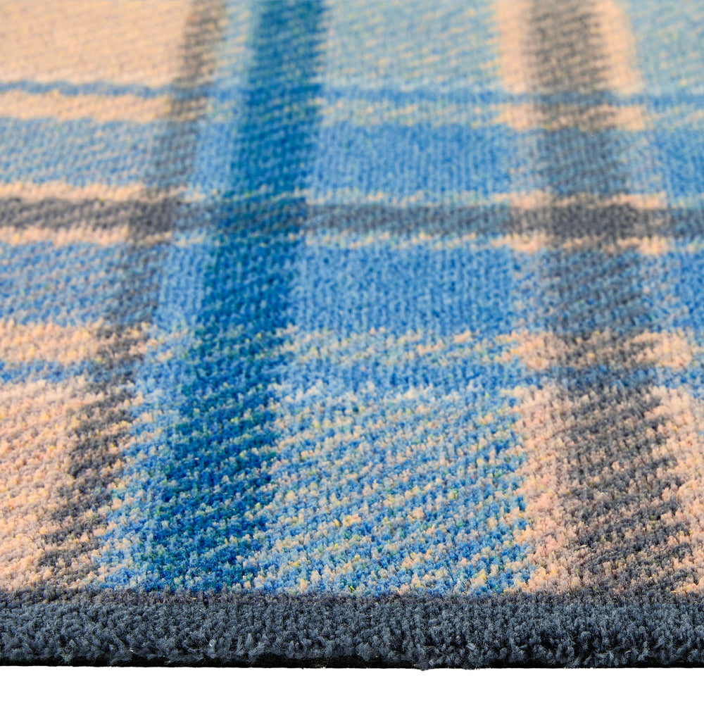 Tartan Blue Washable Runner- 100% recycled cotton runner in a traditional tartan design in shades of blue with beige and grey.