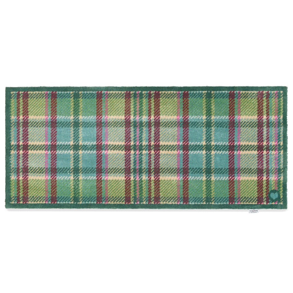 Tartan Green Washable Runner in Green- a 100% recycled cotton runner featuring a traditional tartan design in shades of green with hints of pink, burgundy, and beige.