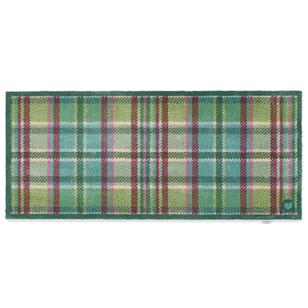 Tartan Green Washable Runner in Green- a 100% recycled cotton runner featuring a traditional tartan design in shades of green with hints of pink, burgundy, and beige.
