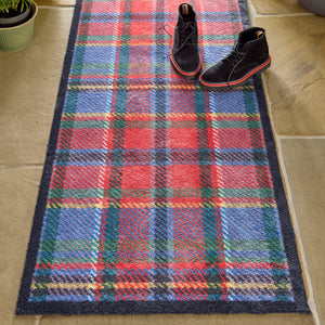 Tartan Red/Blue Washable Runner - a 100% recycled cotton runner featuring a traditional tartan design in shades of red, blue, purple, green, and hints of yellow.