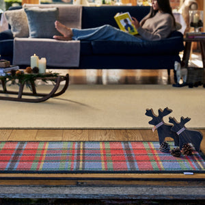 Tartan Red/Blue Washable Runner - a 100% recycled cotton runner featuring a traditional tartan design in shades of red, blue, purple, green, and hints of yellow.