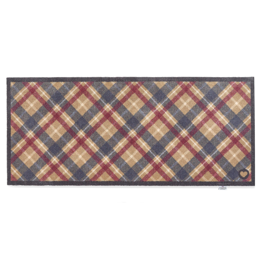 Tartan Paw Navy Washable Runner- 100% recycled cotton runner featuring a tartan design in shades red, blue, and beige.