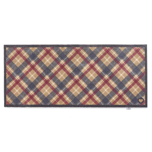 Tartan Paw Navy Washable Runner- 100% recycled cotton runner featuring a tartan design in shades red, blue, and beige.