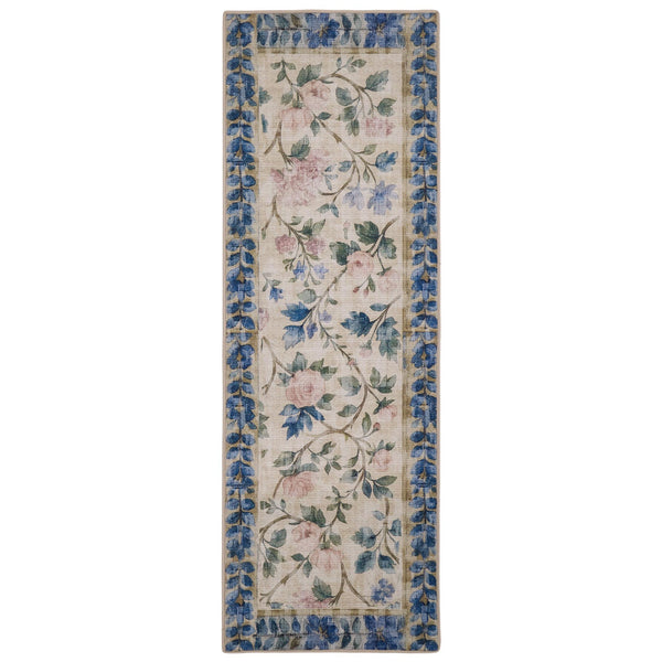 The Lady Rose Eco-Washable Runner - a beige and green eco-washable runner featuring blue and pink florals and green leaves.