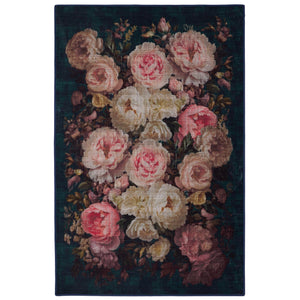Twilight Garden Eco-Washable Rug- a black eco-washable rug featuring soft pink and cream roses.