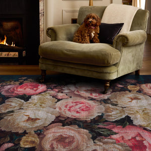Twilight Garden Eco-Washable Rug- a black eco-washable rug featuring soft pink and cream roses.