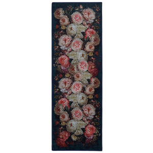 Twilight Garden Eco-Washable Runner- a black eco-washable runner featuring soft pink and cream roses.