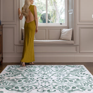 Hug Rug Green Vintage Scroll Washable Area Rug