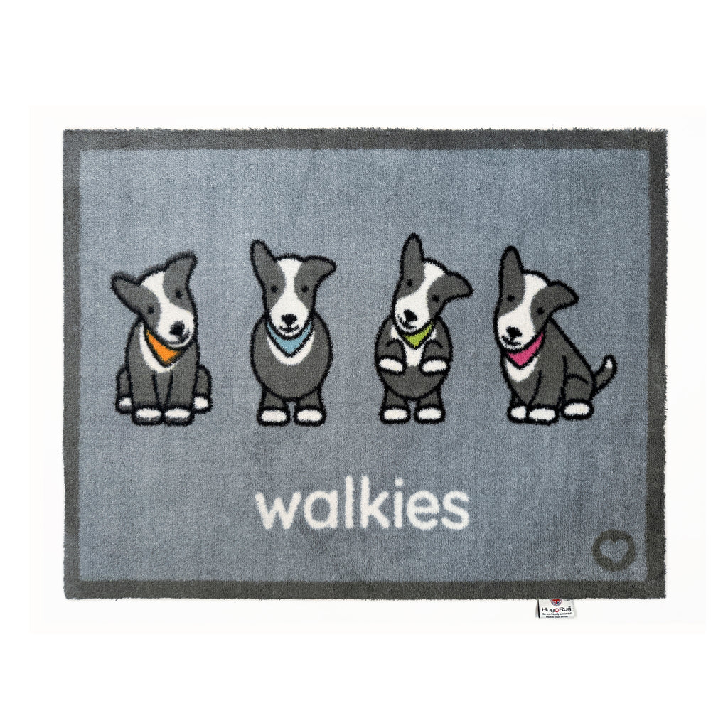 Overhead of a grey Herdy walkies washable doormat from Hug Rug
