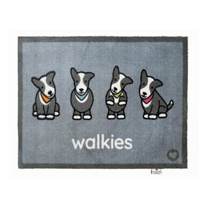 Overhead of a grey Herdy walkies washable doormat from Hug Rug