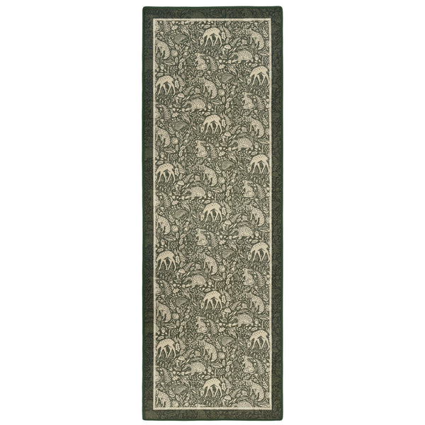 Whimsical Woodland Eco-Washable Runner – a green eco-washable runner featuring white woodland animals and white florals.
