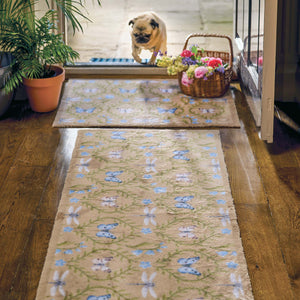 Wild Meadow Beige Green Washable Runner- a 100% recycled cotton runner featuring intertwining vines with a collection of hand-painted butterflies, dragonflies, and blue flowers.