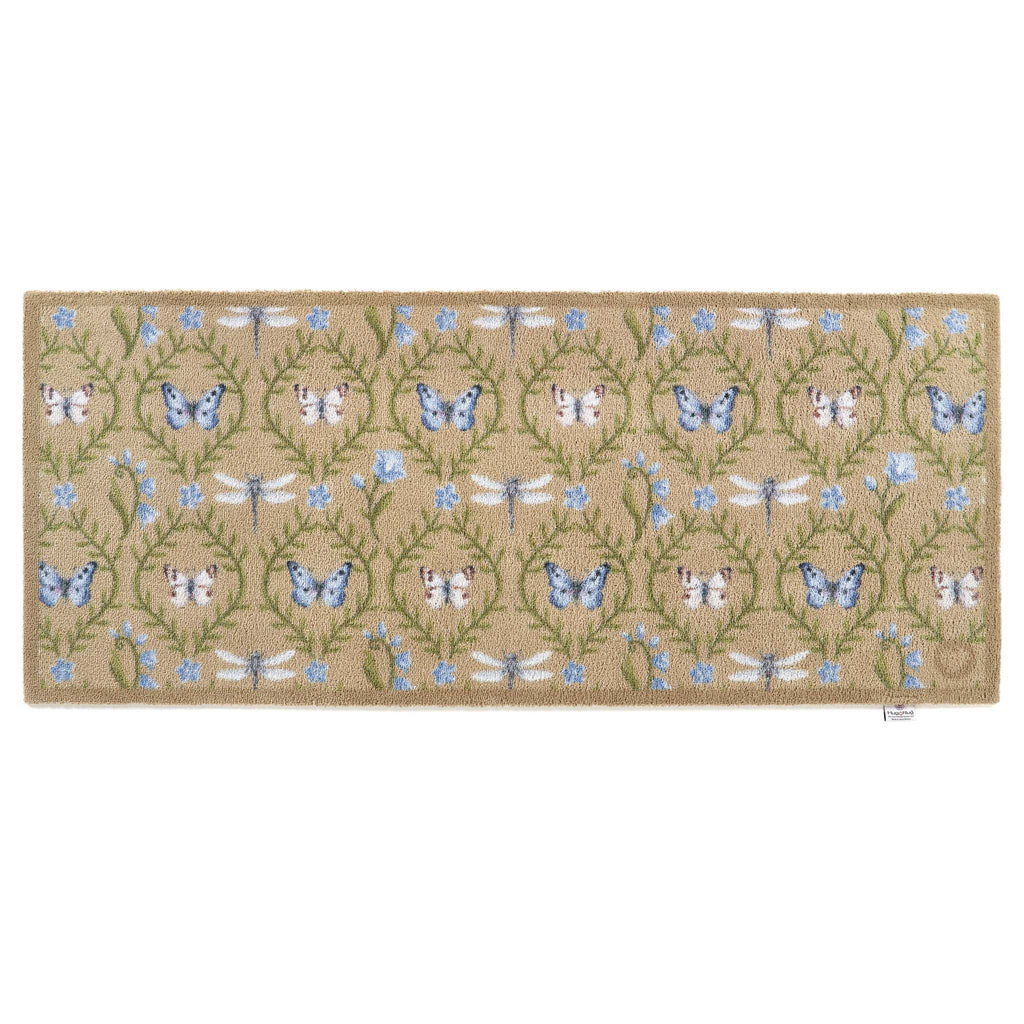 Wild Meadow Beige Green Washable Runner- a 100% recycled cotton runner featuring intertwining vines with a collection of hand-painted butterflies, dragonflies, and blue flowers.