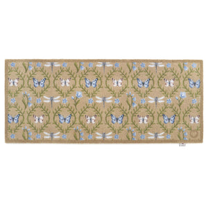 Wild Meadow Beige Green Washable Runner- a 100% recycled cotton runner featuring intertwining vines with a collection of hand-painted butterflies, dragonflies, and blue flowers.