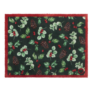 Discover the Winter Berries Doormat- a cotton mat featuring pinecones, red berries and holly leaves.