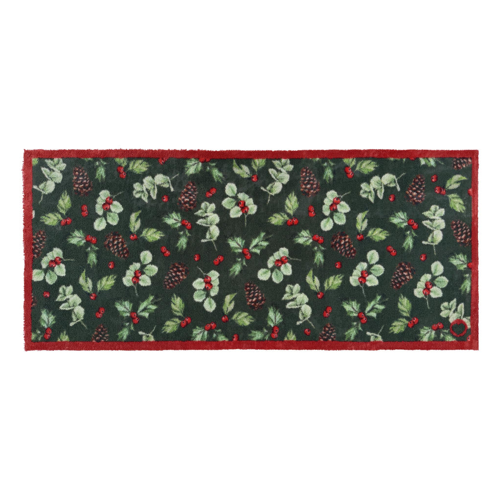 Winter Berries Washable Runner in green- a 100% recycled cotton runner featuring clusters of holly leaves, bright red berries, pinecones, and soft eucalyptus accents.