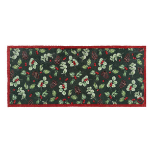 Winter Berries Washable Runner in green- a 100% recycled cotton runner featuring clusters of holly leaves, bright red berries, pinecones, and soft eucalyptus accents.