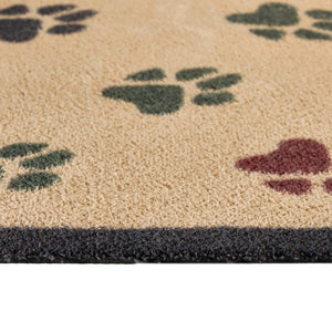 Wipe your Paws Beige Washable Runner in beige- a 100% recycled cotton runner featuring scattered paw prints in charcoal, dark green, and burgundy.