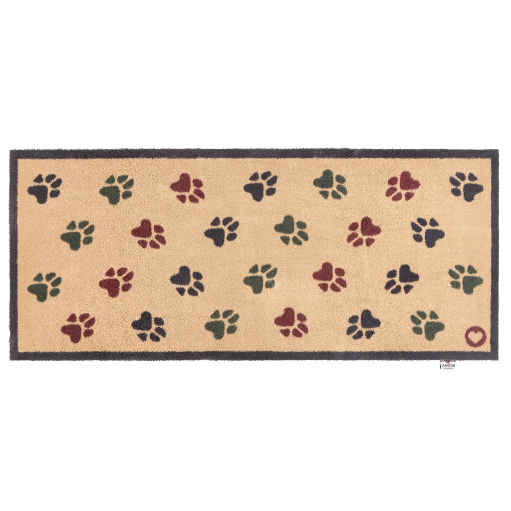 Wipe your Paws Beige Washable Runner in beige- a 100% recycled cotton runner featuring scattered paw prints in charcoal, dark green, and burgundy.